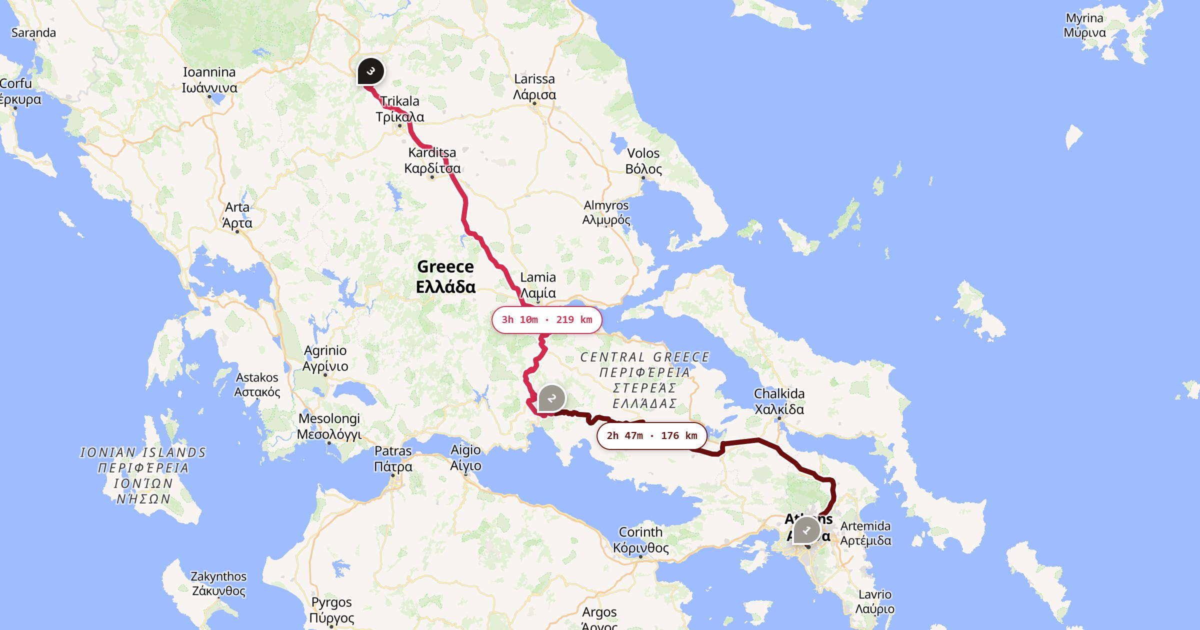 Map of the Athens to Meteora drive: the route via Athens, Delphi, Kalabaka
