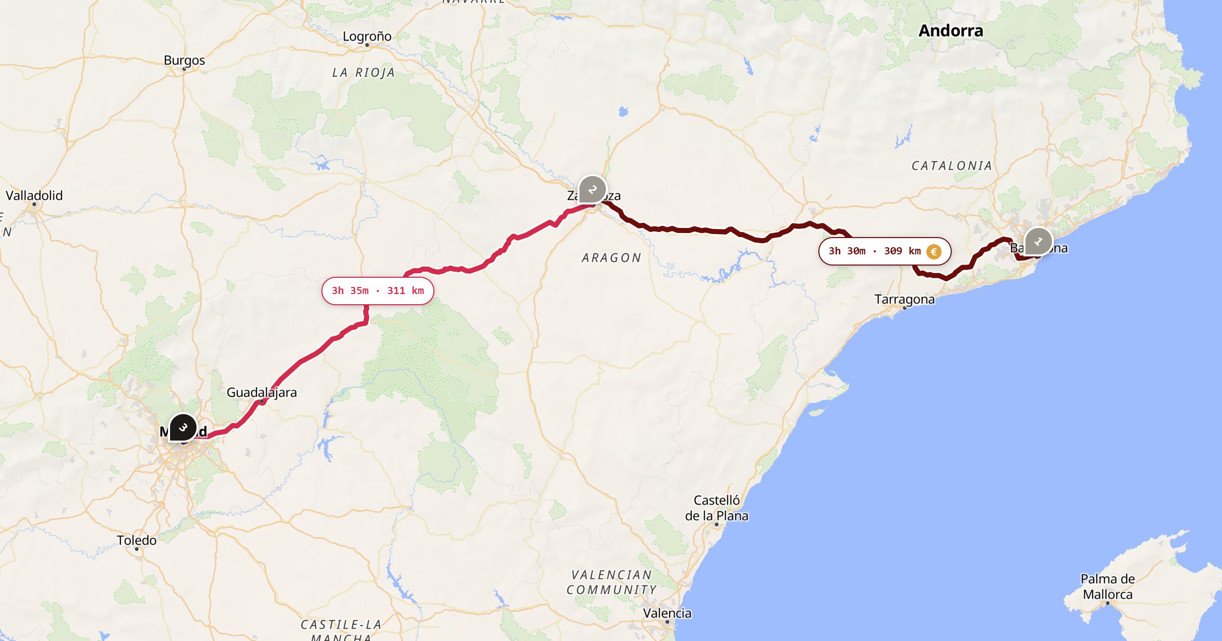 Map of the Barcelona to Madrid drive: the route via Barcelona, Zaragoza, Madrid