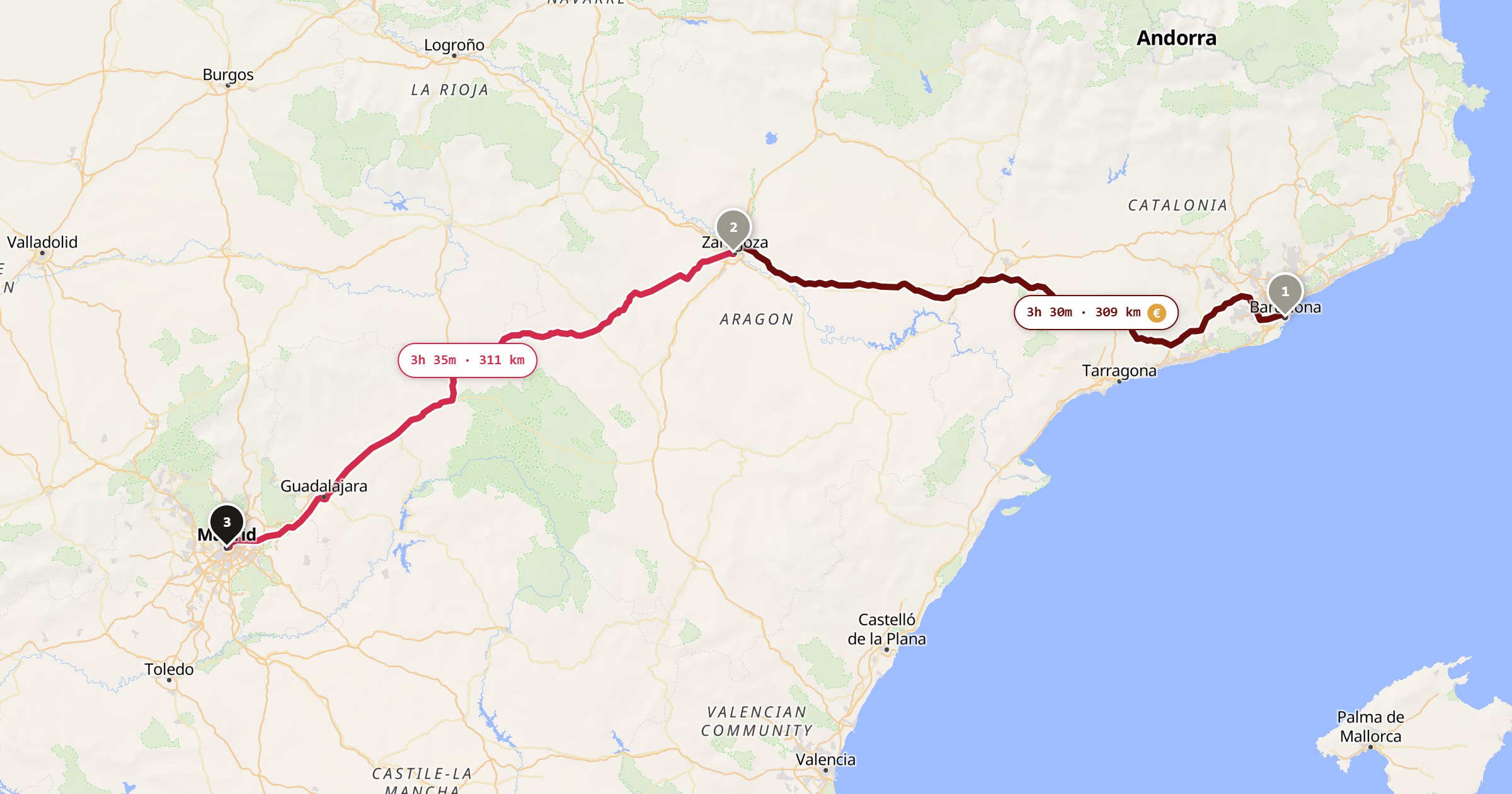 Map of the Barcelona to Madrid drive: the route via Barcelona, Zaragoza, Madrid