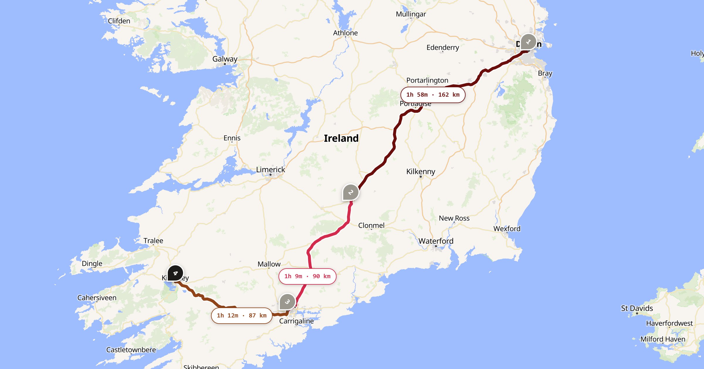Map of the Dublin to Killarney drive: the route via Dublin, Cashel, Cork, Killarney