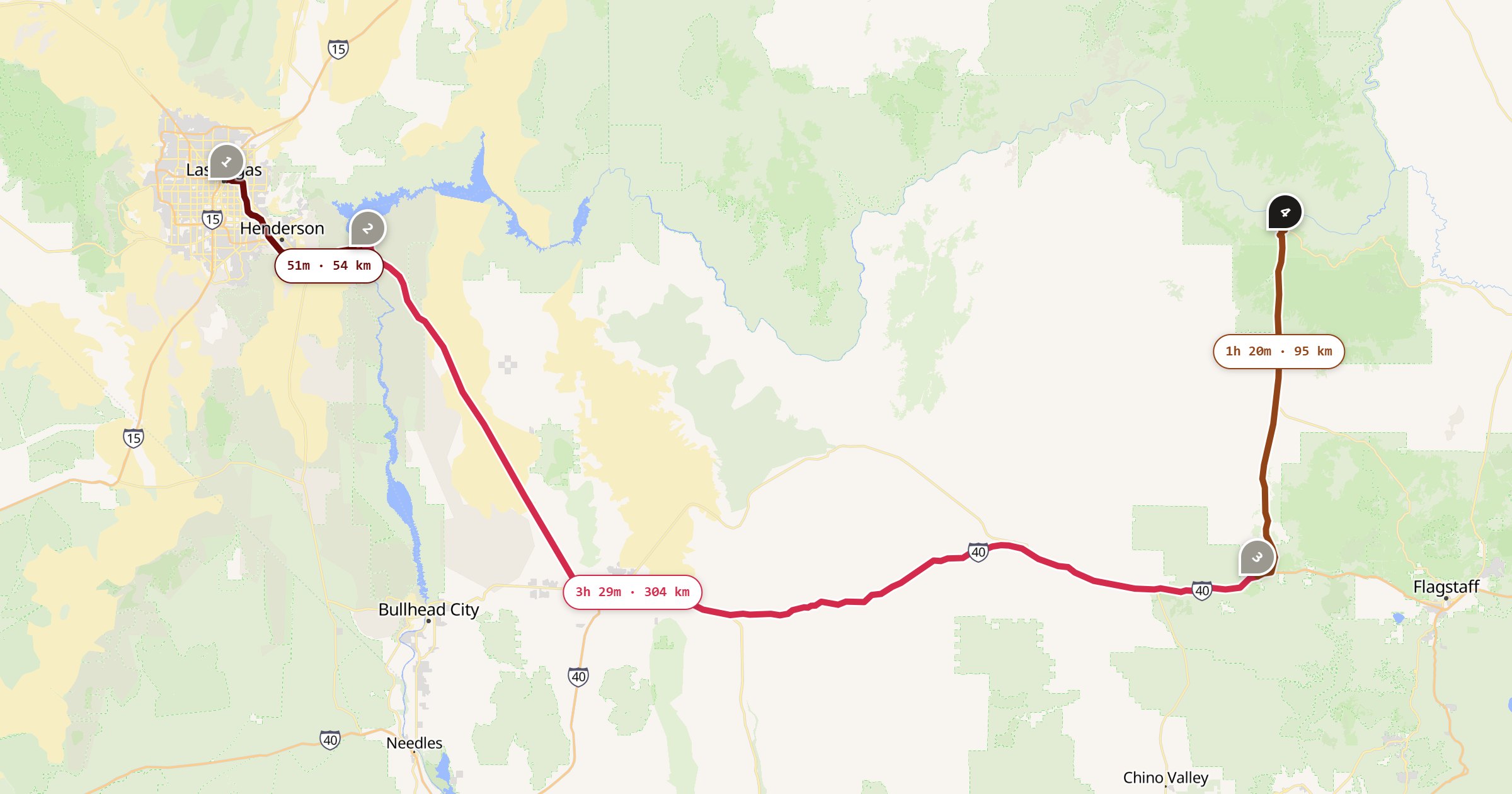 Map of the Las Vegas to the Grand Canyon drive: the route via Las Vegas, Hoover Dam, Williams, Grand Canyon South Rim