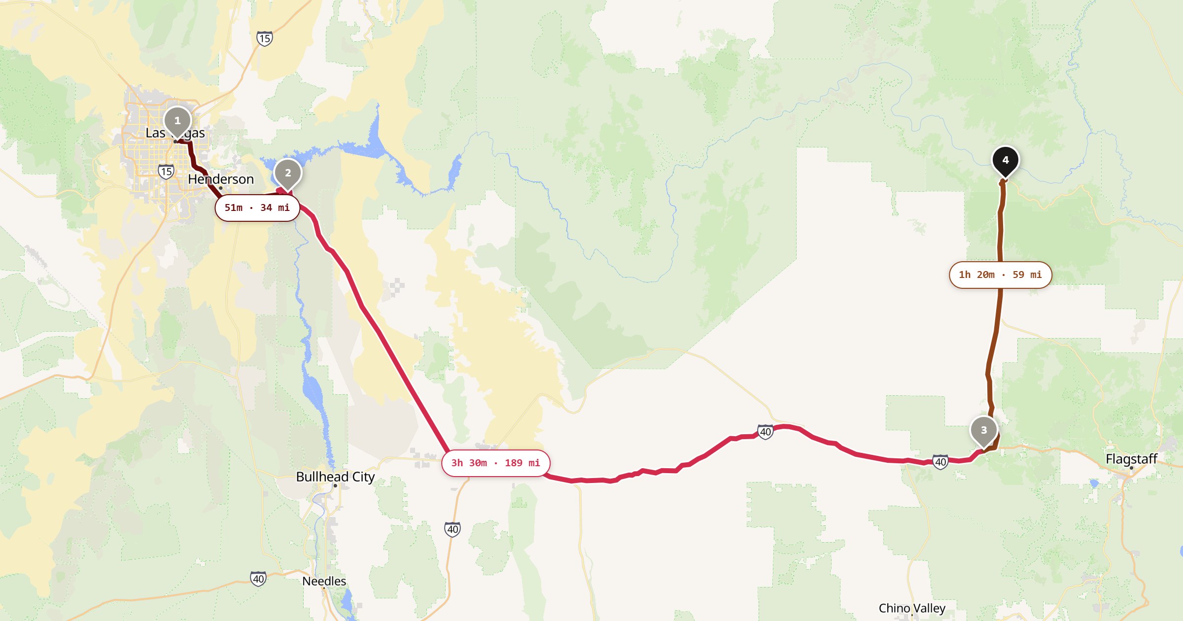 Map of the Las Vegas to the Grand Canyon drive: the route via Las Vegas, Hoover Dam, Williams, Grand Canyon South Rim