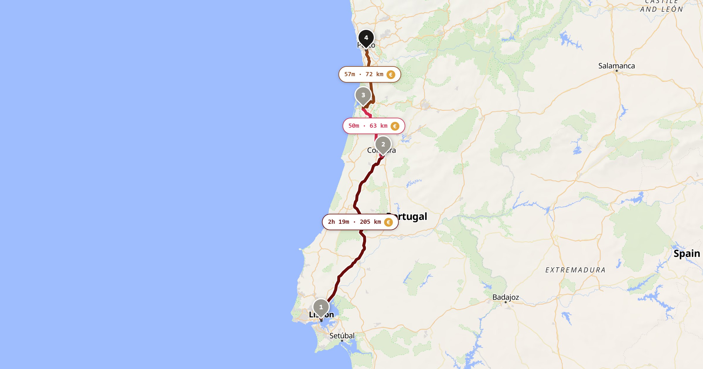 Map of the Lisbon to Porto drive: the route via Lisbon, Coimbra, Aveiro, Porto