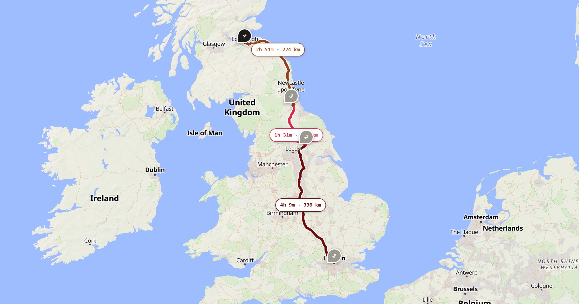 Map of the London to Edinburgh drive: the route via London, York, Durham, Edinburgh
