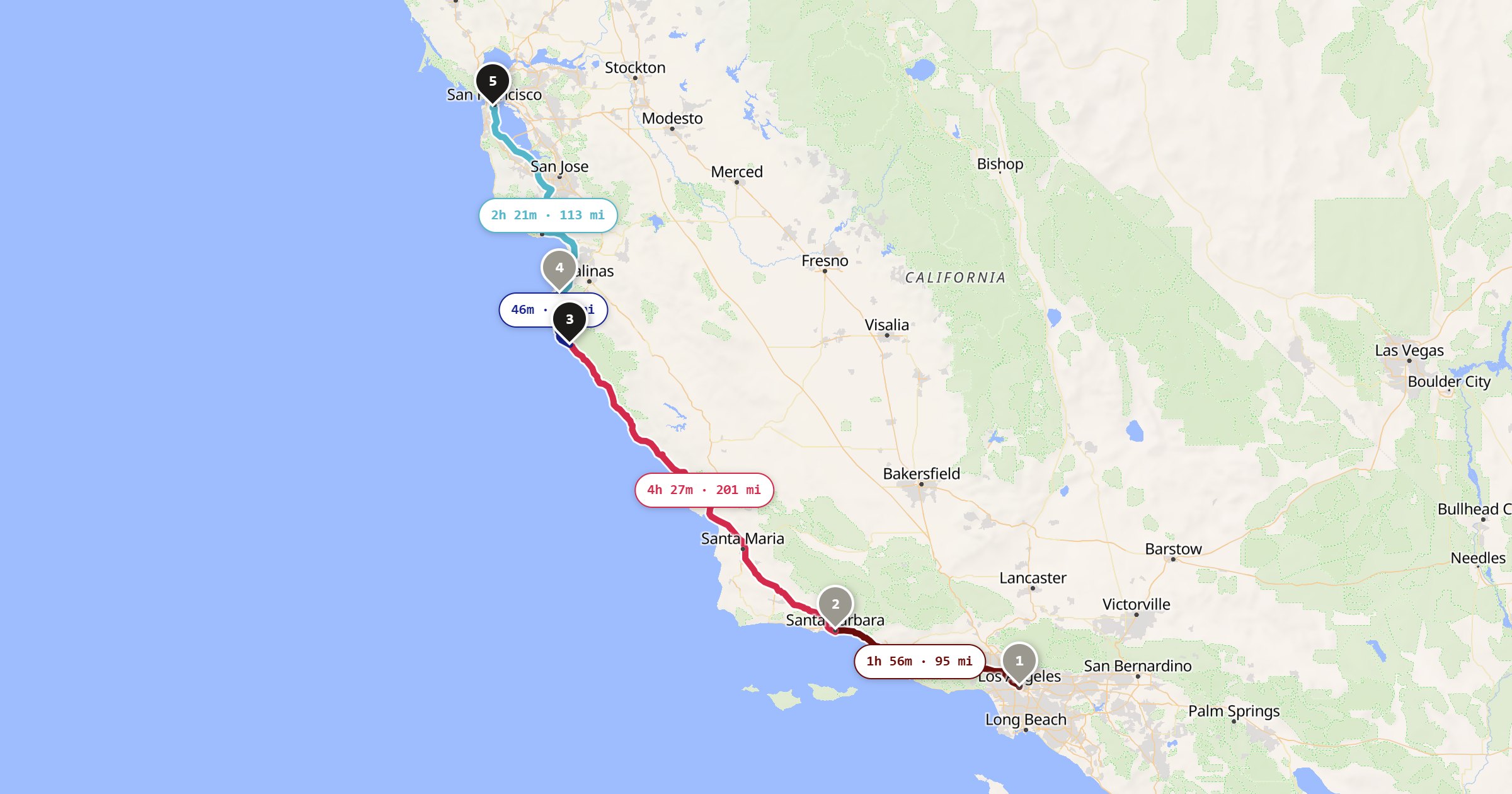 Map of the Los Angeles to San Francisco drive: the route via Los Angeles, Santa Barbara, Big Sur, Monterey, San Francisco