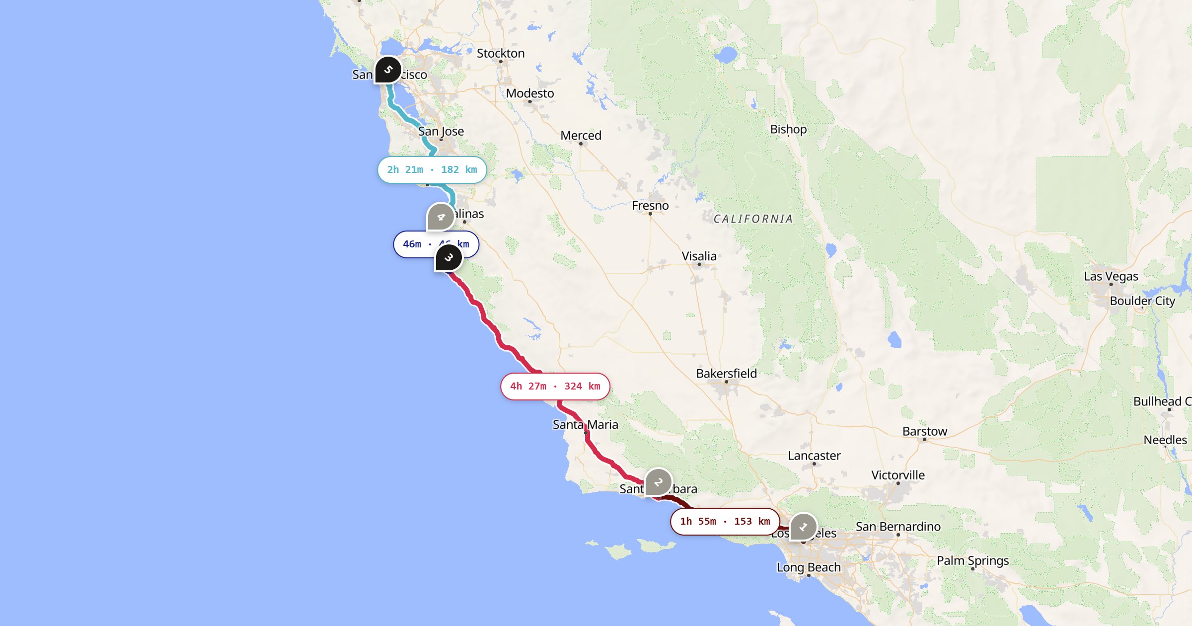 Map of the Los Angeles to San Francisco drive: the route via Los Angeles, Santa Barbara, Big Sur, Monterey, San Francisco