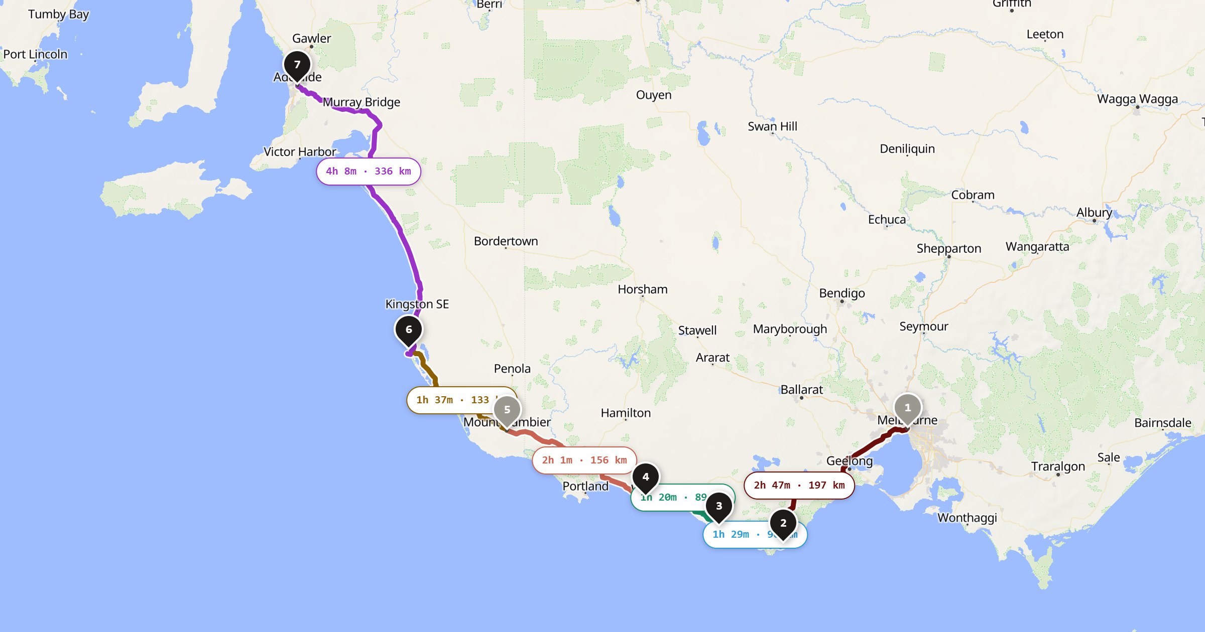 Map of the Melbourne to Adelaide drive: the route via Melbourne, Apollo Bay, Port Campbell, Port Fairy, Mount Gambier, Robe, Adelaide