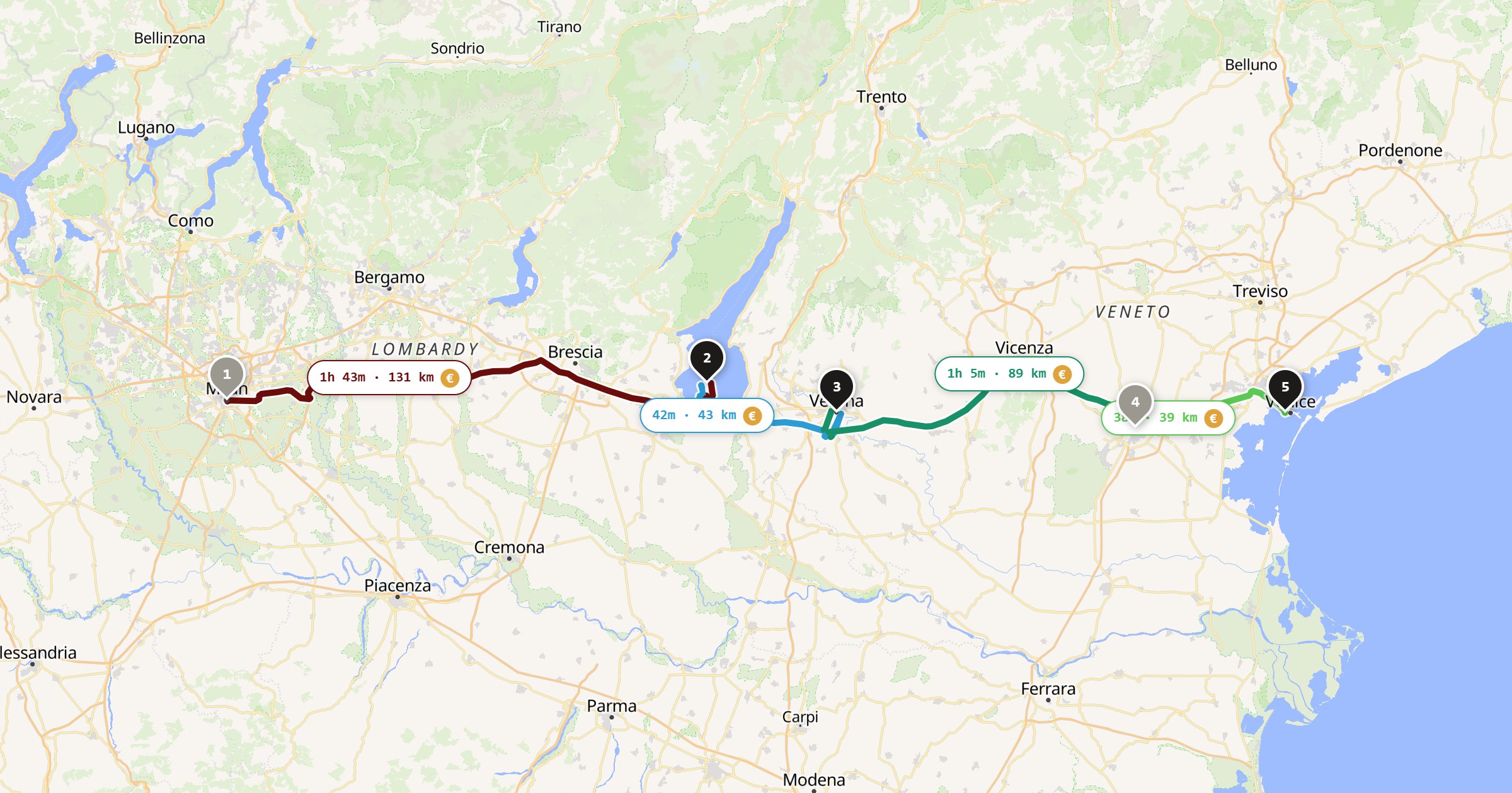 Milan to Venice route map