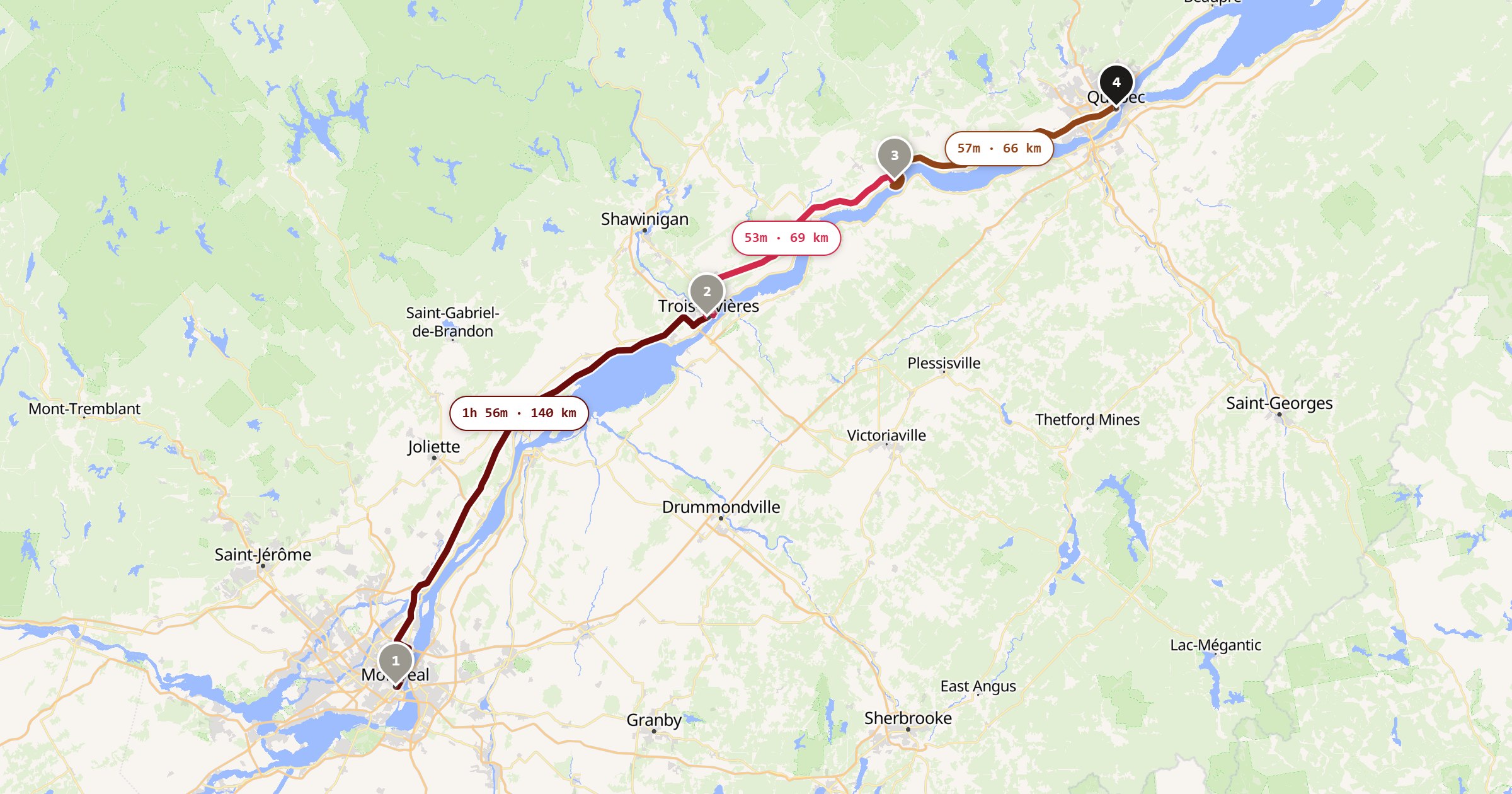 Montreal to Quebec City route map