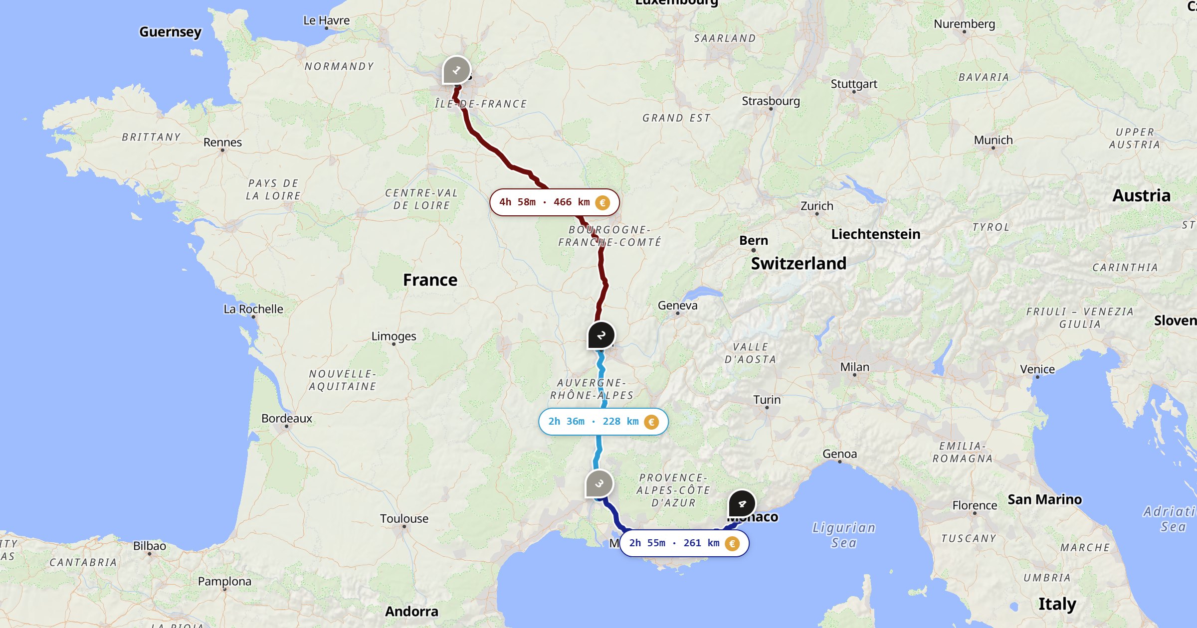 Map of the Paris to Nice drive: the route via Paris, Lyon, Avignon, Nice