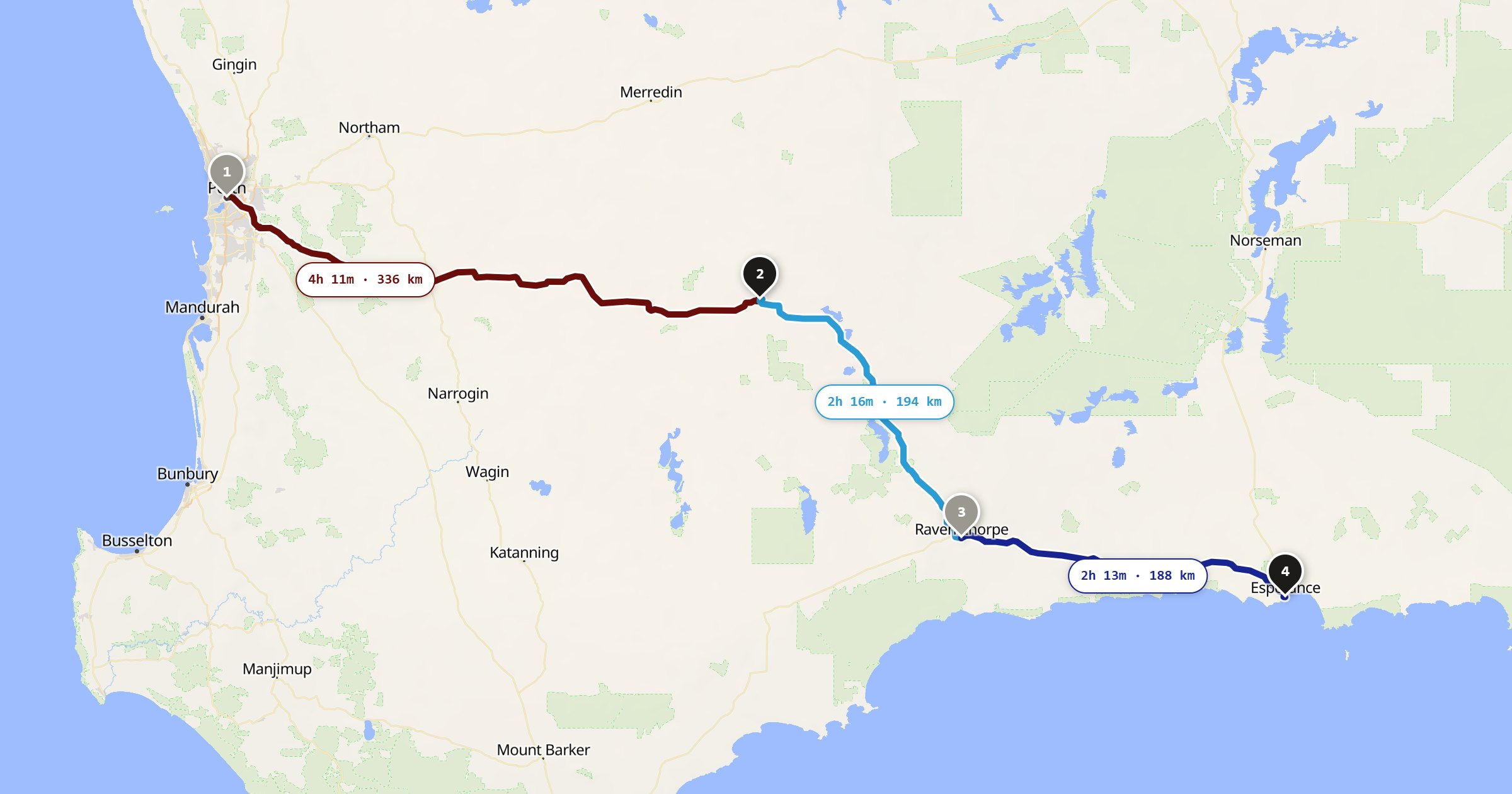 Map of the Perth to Esperance drive: the route via Perth, Wave Rock, Ravensthorpe, Esperance