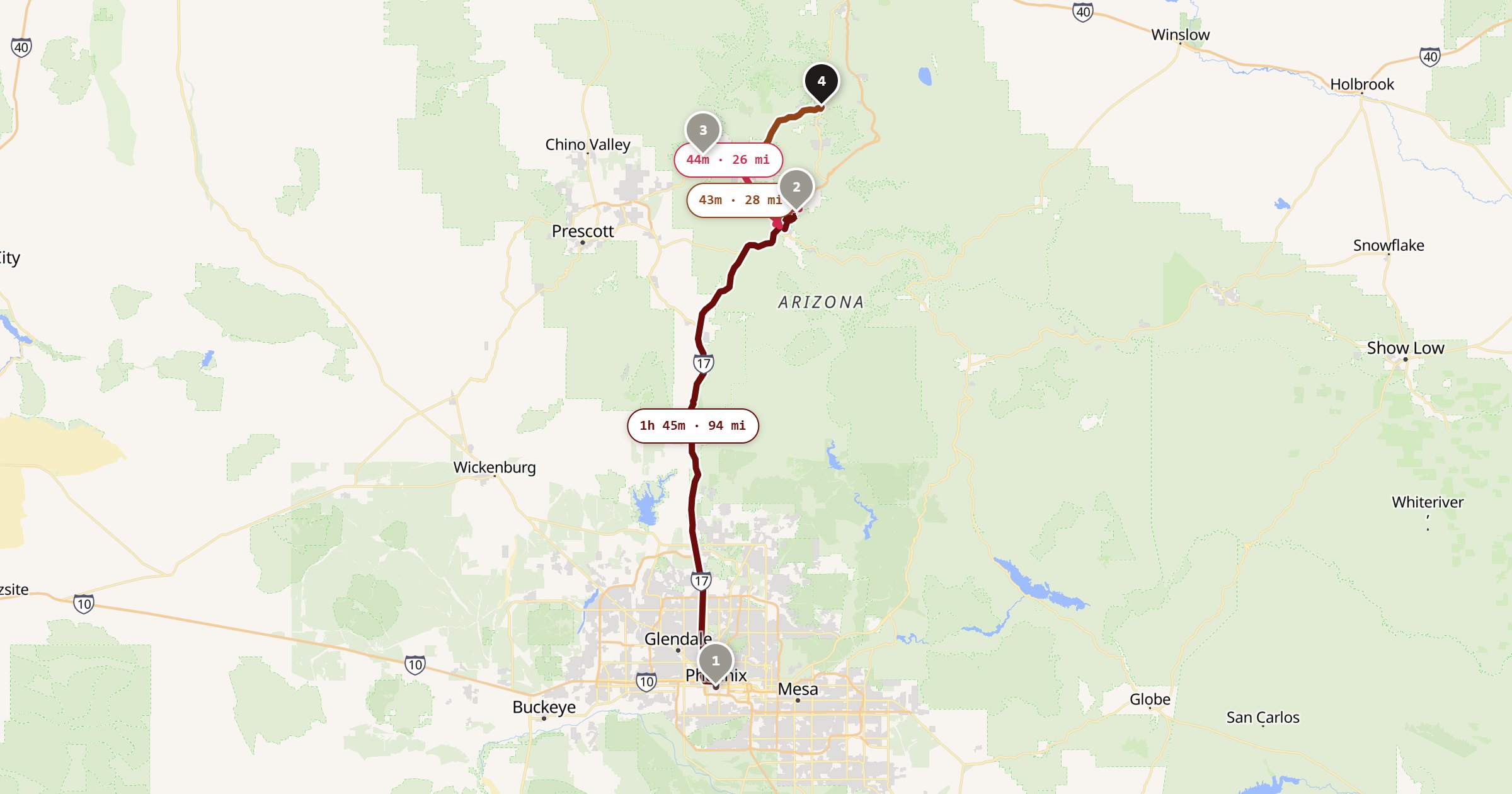 Phoenix to Sedona route map