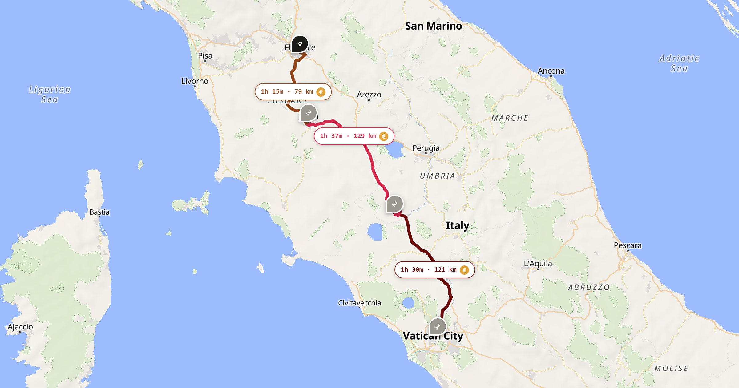 Map of the Rome to Florence drive: the route via Rome, Orvieto, Siena, Florence