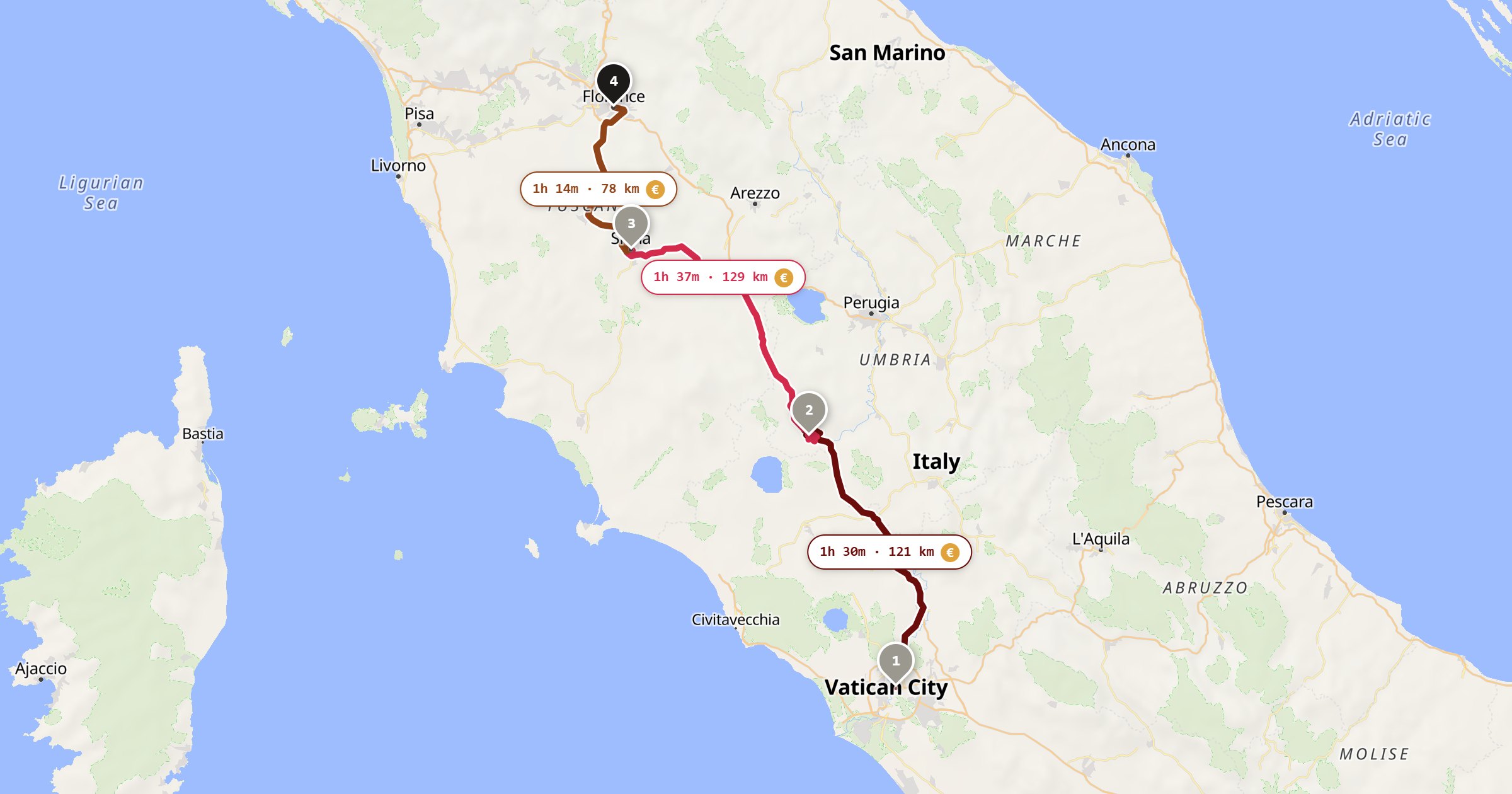 Map of the Rome to Florence drive: the route via Rome, Orvieto, Siena, Florence