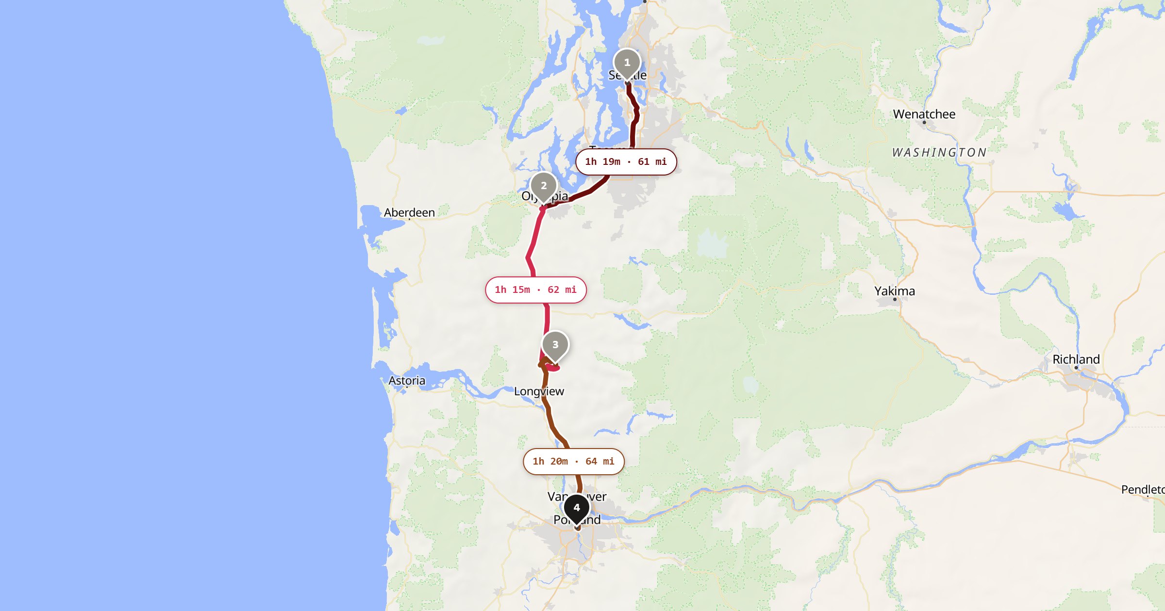 Seattle to Portland route map