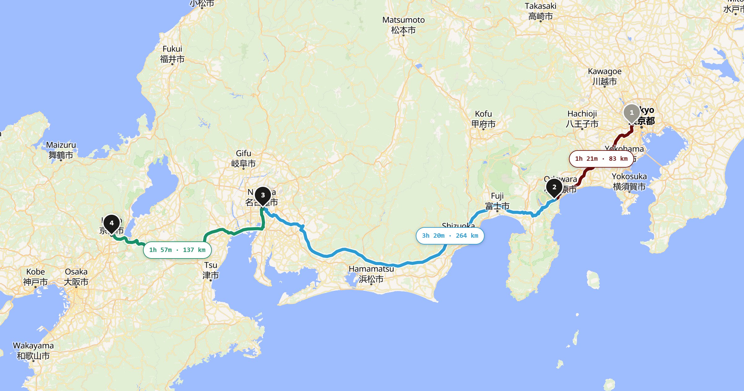 Tokyo to Kyoto route map
