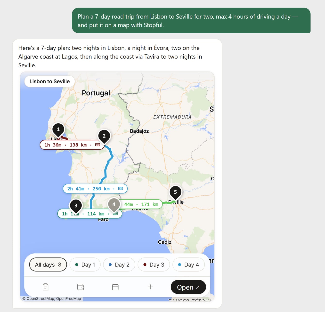 An AI assistant's 7-day Lisbon to Seville road trip shown as a Stopful map in the chat, with drive times on every leg and a day-by-day selector