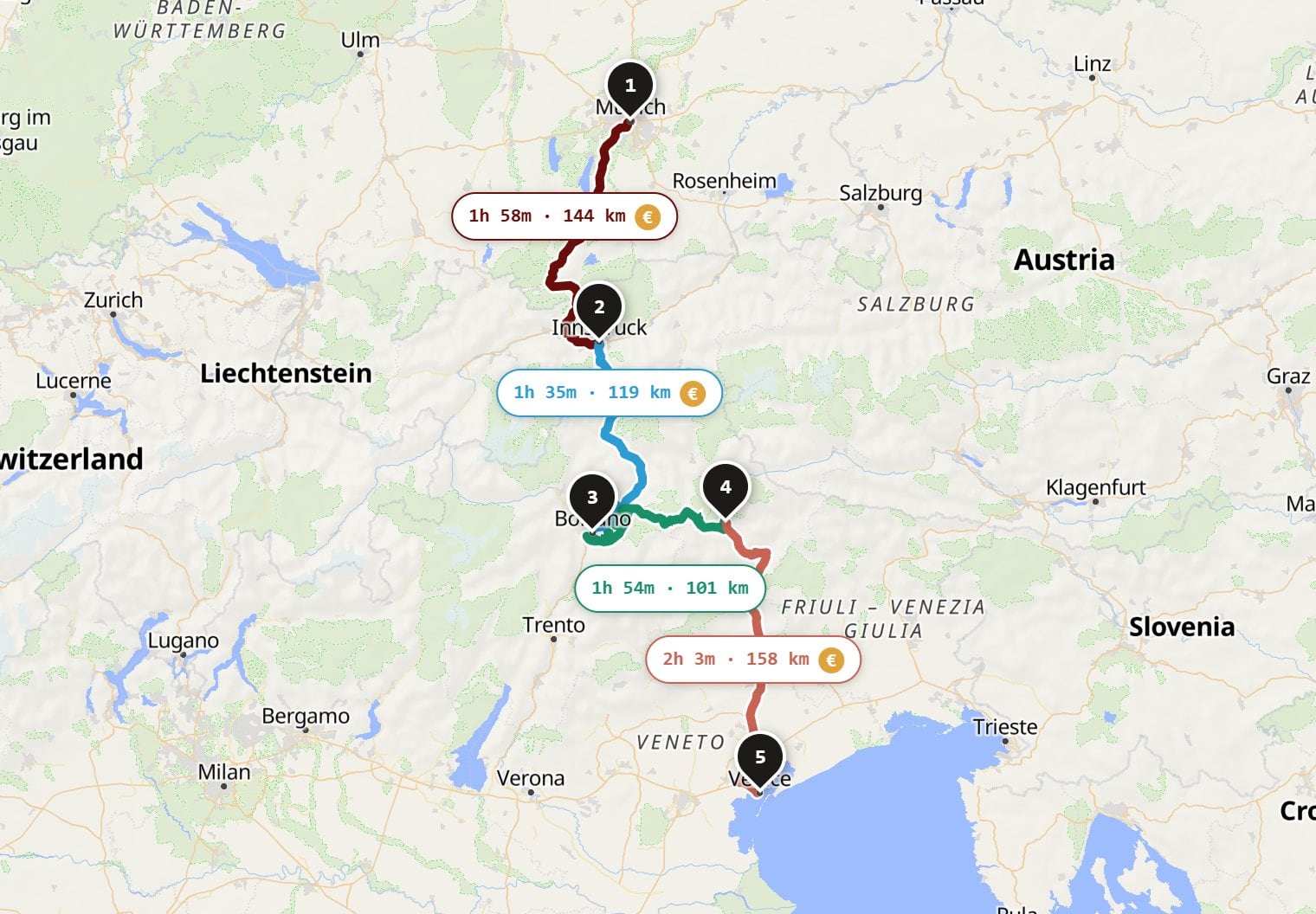 Munich to Venice planned in Stopful: five stops, each driving day in its own colour