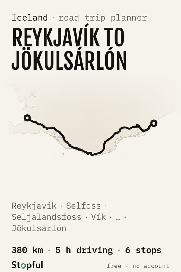 Iceland south coast road trip: Reykjavík to Jökulsárlón — route map